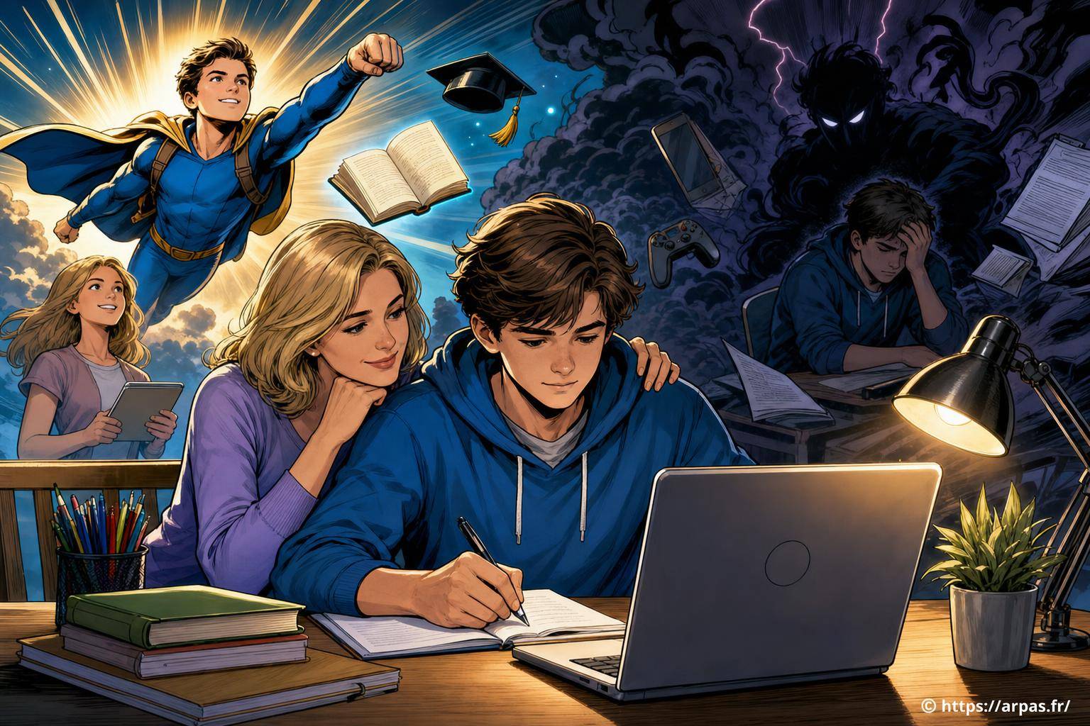 Adolescent concentré avec soutien maternel