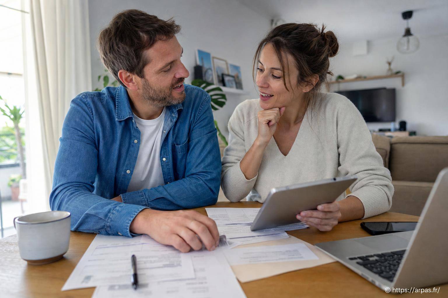 Couple discutant documents financiers maison