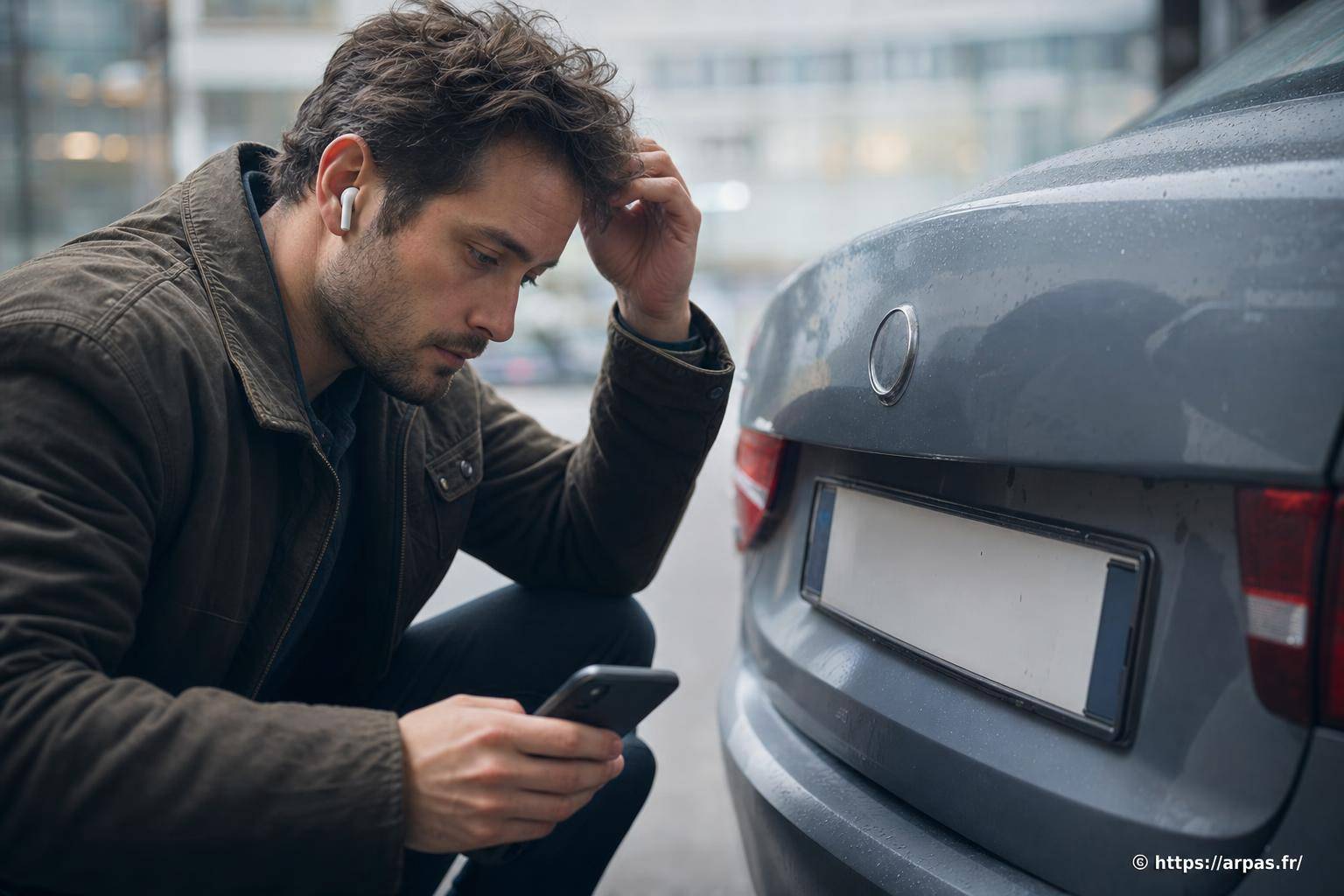 Homme regardant téléphone près voiture
